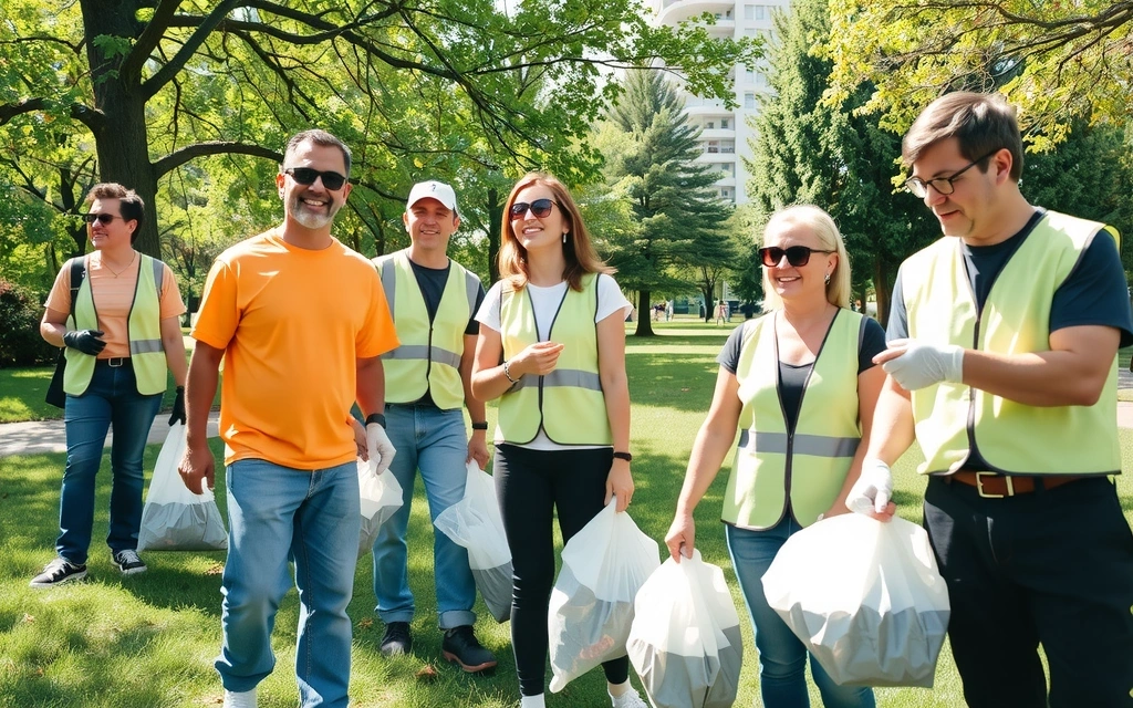 A group of diverse people participating in a community clean-up event, smiling and collecting trash in a park