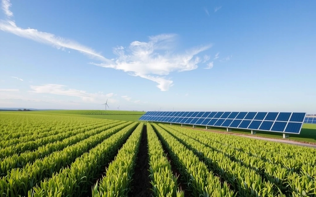 A flourishing green field with solar panels in the background, symbolizing sustainable agriculture and renewable energy