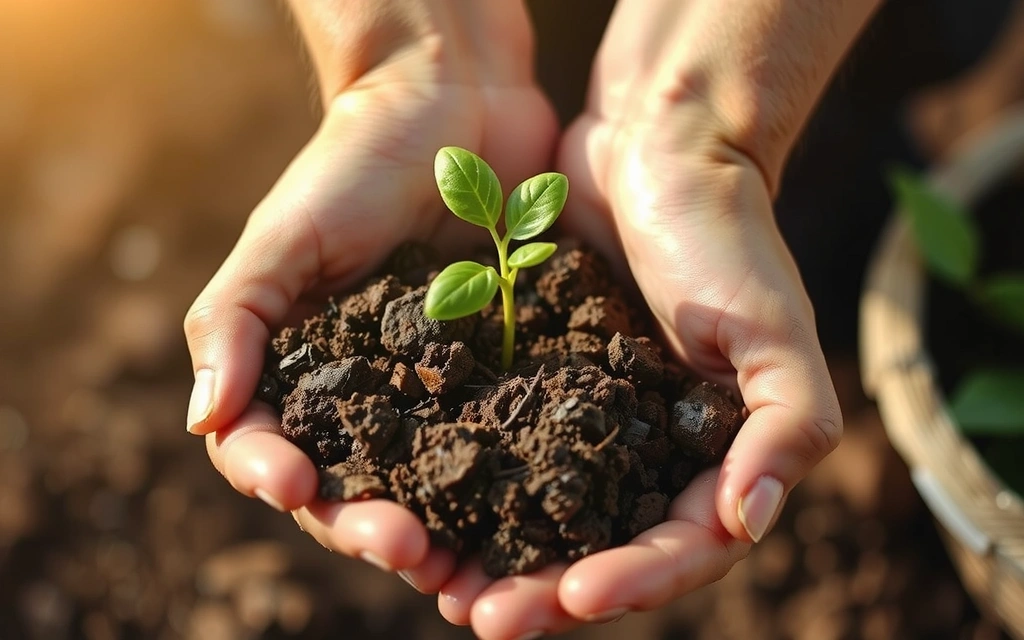 Hands gently holding a handful of rich, dark soil with a small green sprout emerging, symbolizing growth and natural origin