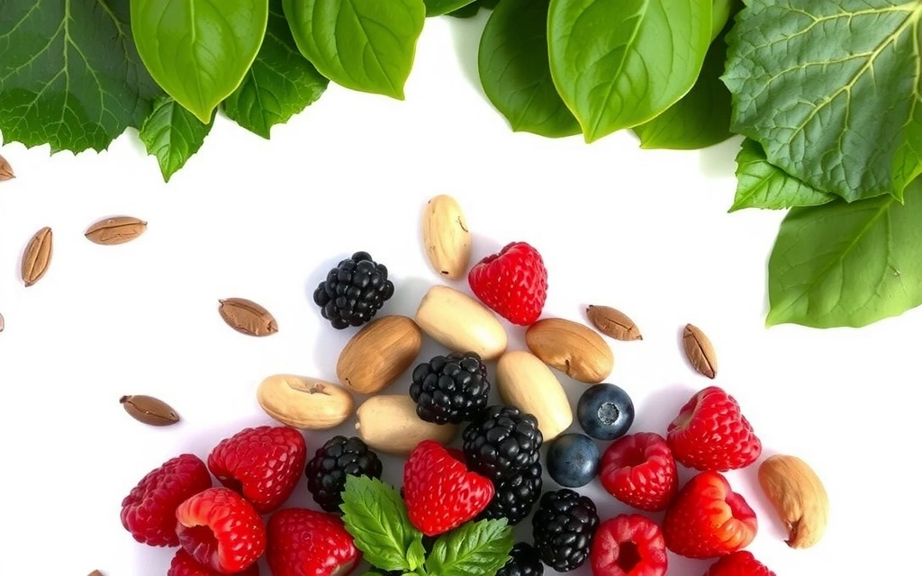 A flat lay of superfoods like berries, nuts, and leafy greens, highlighting a healthy diet.