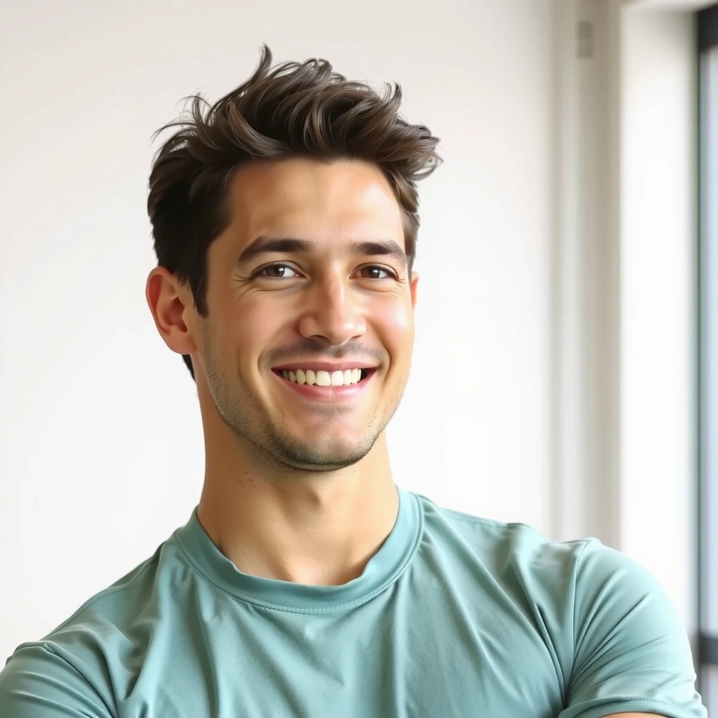 Portrait of a fit man in his 30s, looking energetic and confident.